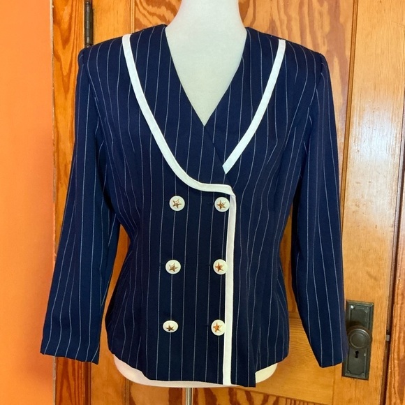 Vtg 80s Navy Blue classic double breasted pinstripe jacket - Picture 6 of 9
